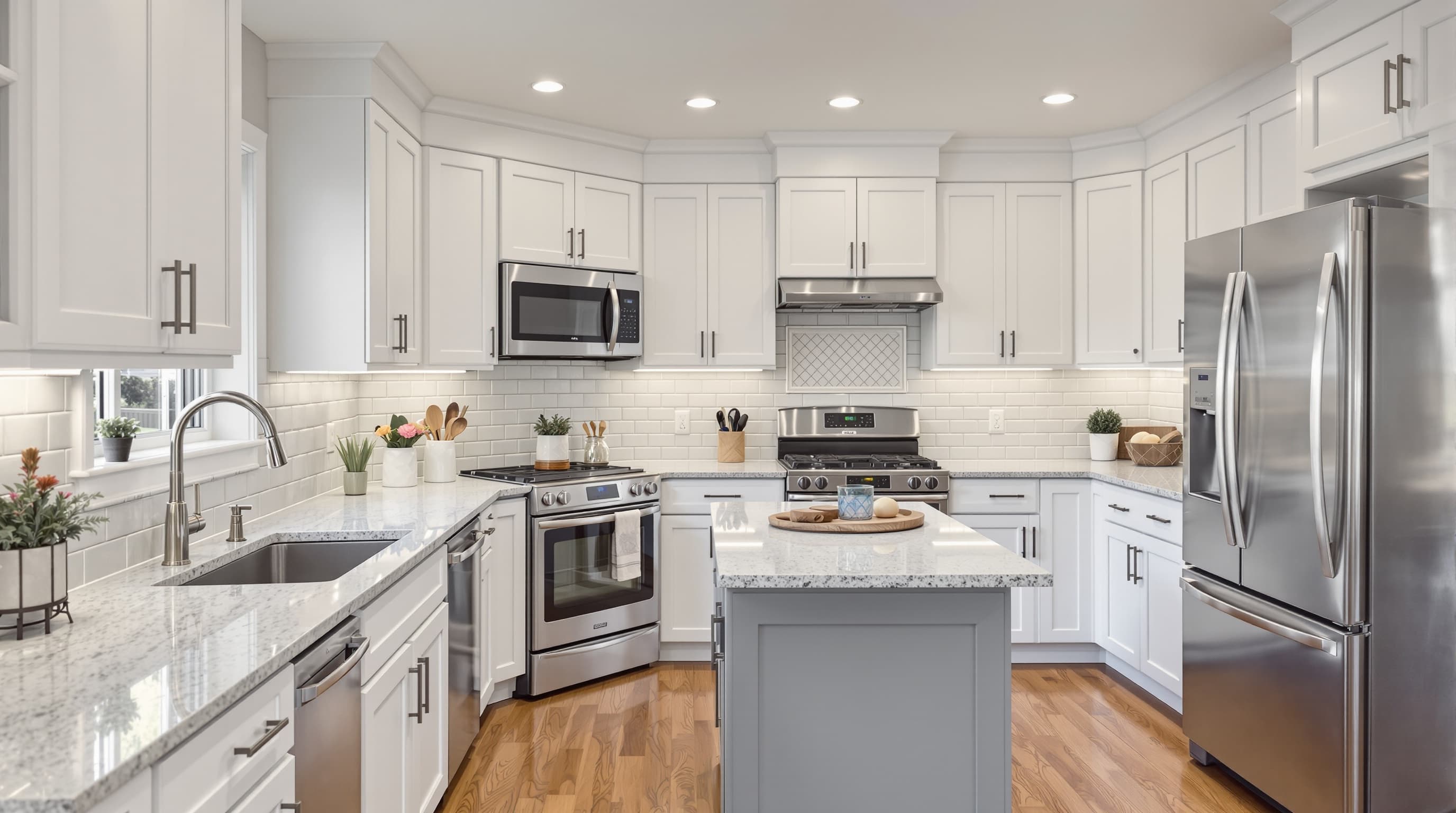 Modern kitchen with white shaker cabinets and quartz countertops