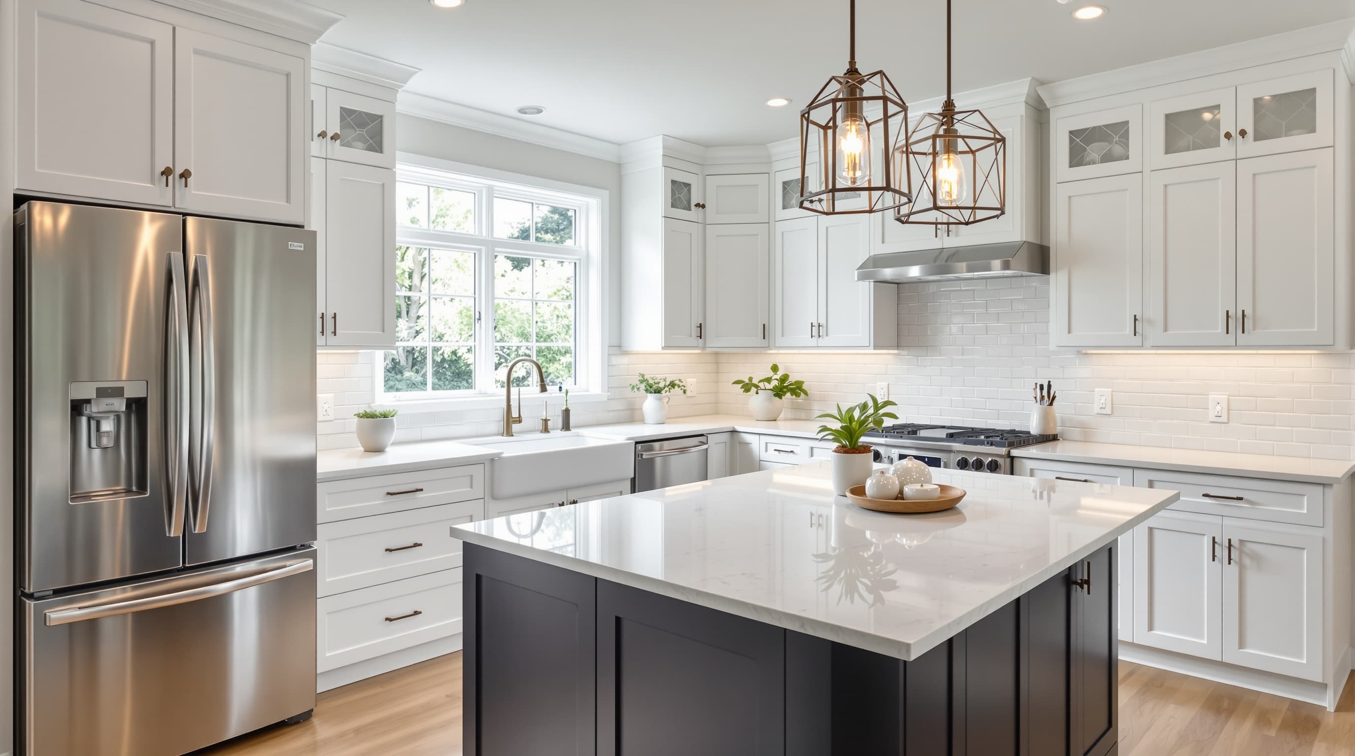 White shaker kitchen with quartz island